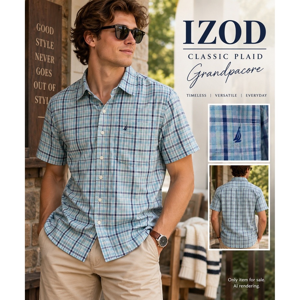 IZOD M 10/12 Short Sleeve Plaid Shirt Blue Topaz Grandpacore Preppy NWT
